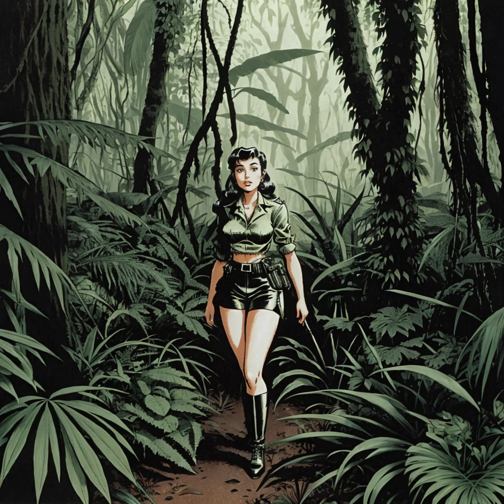 Pretty Filipina girls in a war prison, passionately jerking off Japanese soldier, his penis is large and erect, dense Philippine jungles, other girls working in the heat, Mort Kunstler vibe, by Joe Kubert, by Brian Bolland, by Frank Frazetta, uncensored, lurid vivid colors, erotic, sweaty, dangerous men, scared girl prisoners, detailed, old retro exploitation film aesthetic, comic book or men's magazine style, HD, 8x, detailed, volumetric lighting