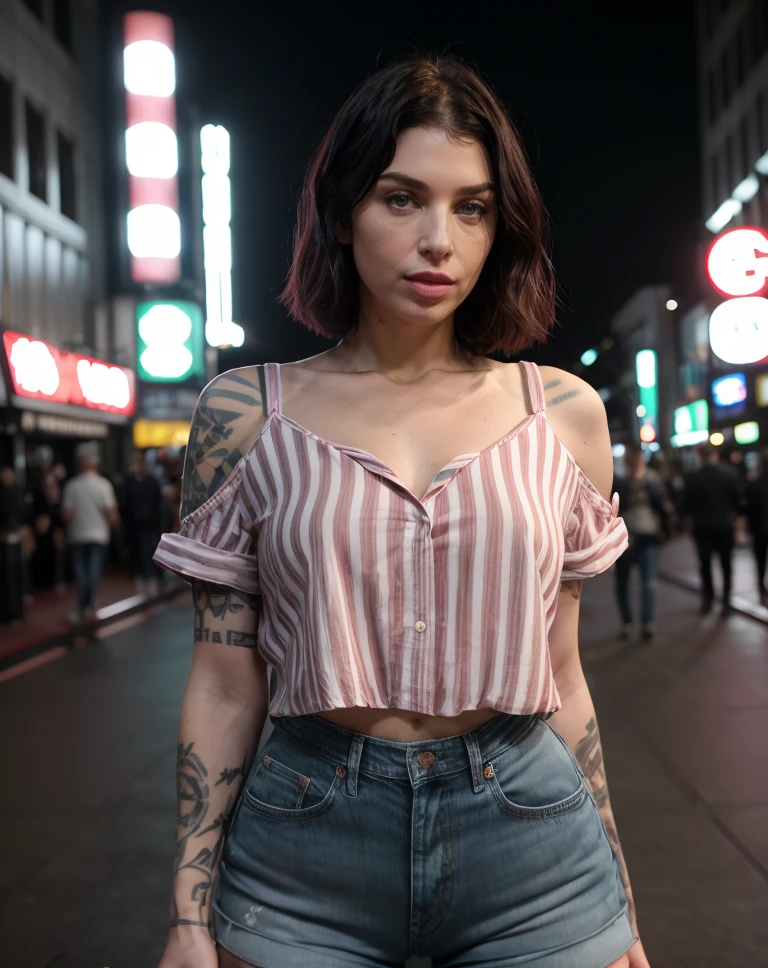 cinematic film still <lora:quiron_ivyLebelle_v1_Lora:0.87> IvyLebelleQuiron, from afar, full body, shinjuku kabukicho, night, multiple penis fellatio, (striped shirt, horizontal stripes), denim shorts, shy, blush, (sensual drunk expression), (drunk blush, dreamlike style), . shallow depth of field, vignette, highly detailed, high budget Hollywood movie, bokeh, cinemascope, moody, epic, gorgeous, film grain, grainy