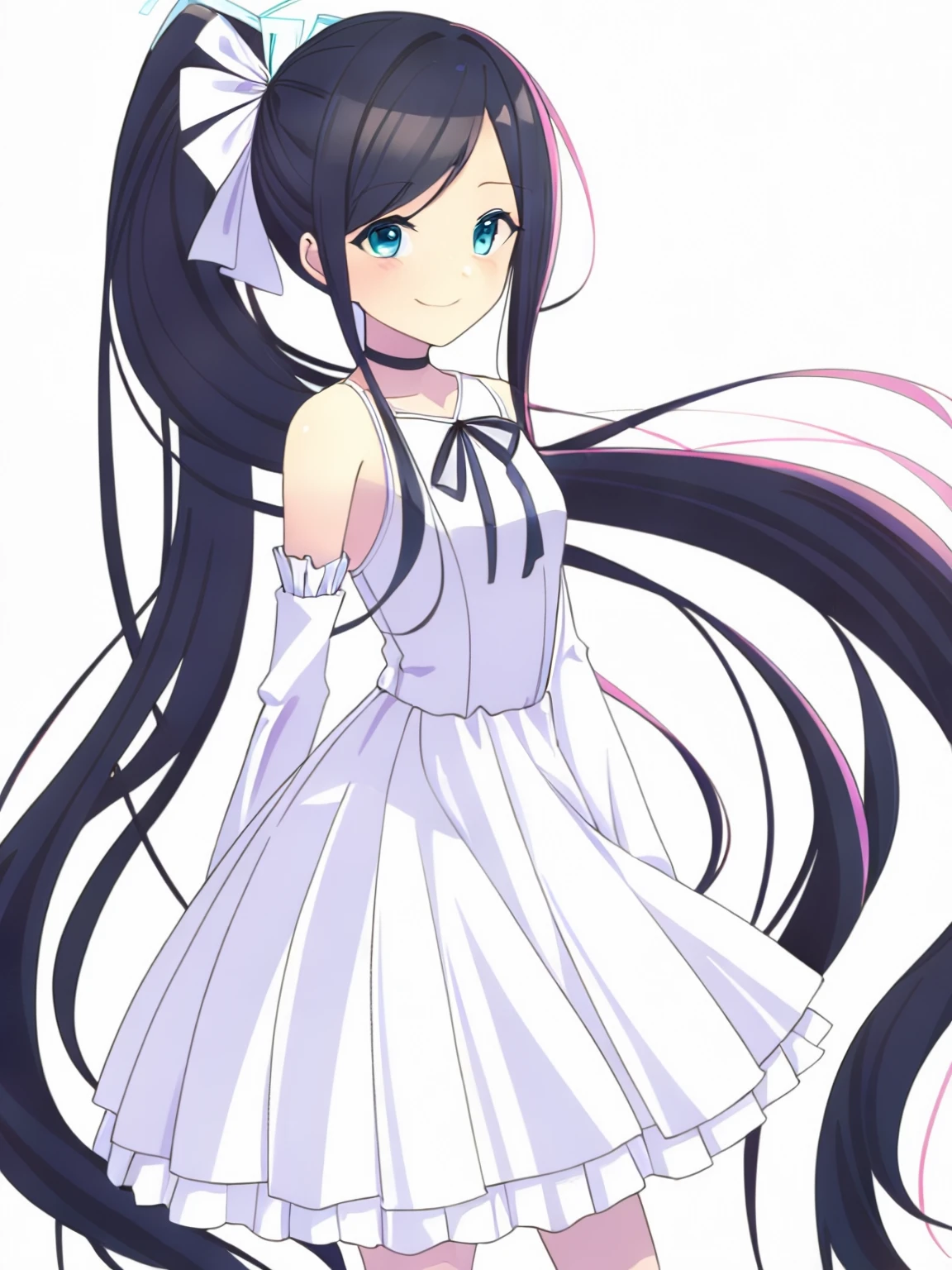 1girl, absurdly long hair, aris (blue archive), black hair, blue archive, blue eyes, bow choker, choker, concert, detached sleeves, dress, frilled skirt, frills, hair between eyes, hair bow, hair ribbon, halo, hand on own hip, idol, long hair, long sleeves, looking at viewer, pleated skirt, ponytail, ribbon, ribbon choker, side ponytail, sidelocks, skirt, smile, solo, standing, very long hair, white dress