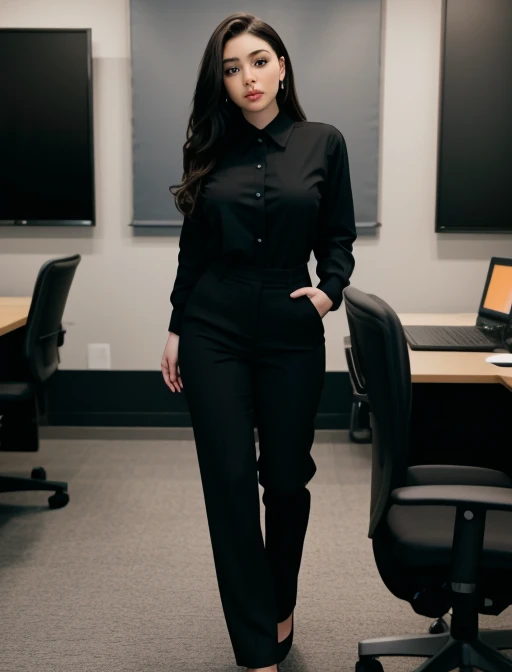 full body shot of business photo of jazmenjafar,<lora:jazmenjafar:1>,, pants, black attire, big breasts, collared shirt, tucked shirt. Professional attire, workplace setting, confident. Whole outfit, clear, sharp, balanced
