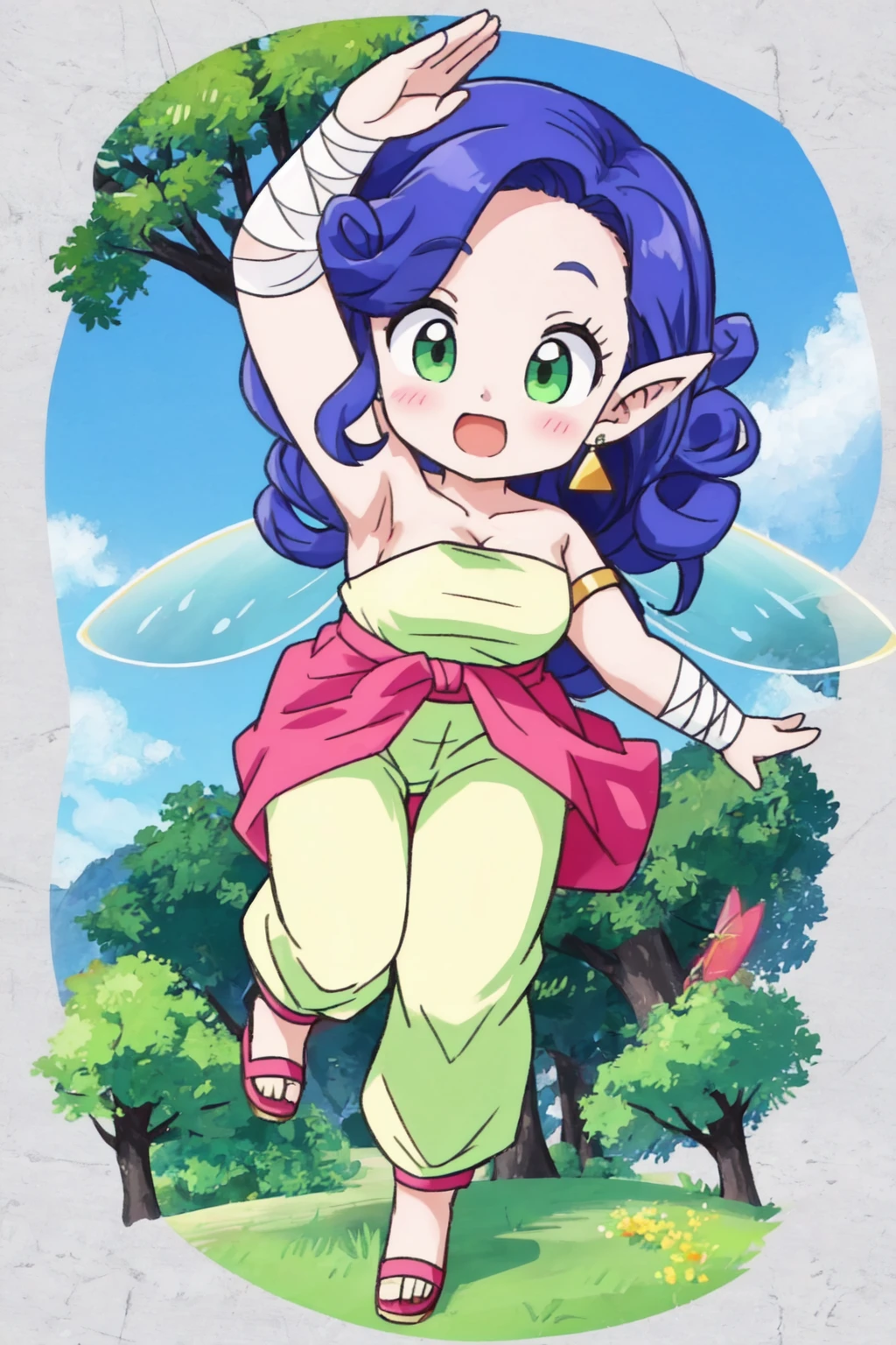 masterpiece, best quality,  <lora:mdworld-nvwls-v1-000008:0.9> mdWorld, magenta hair, long hair, third eye, green sash, convenient censoring, midriff, large breasts, closed eyes, :D, jumping, clouds, barefoot, blue sky, forest