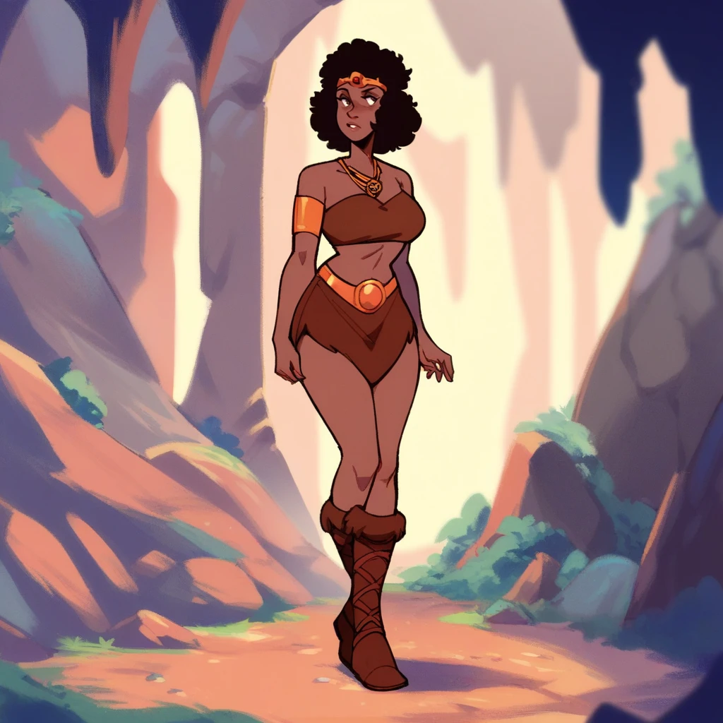 score_9, score_8_up, score_7_up, score_6_up, score_5_up, score_4_up, a girl in a cave, <lora:DianaDD_XL:0.8> dianadd, brown eyes, solo, brown fur clothes, midriff, boots, necklace, circlet, aged up, large breasts