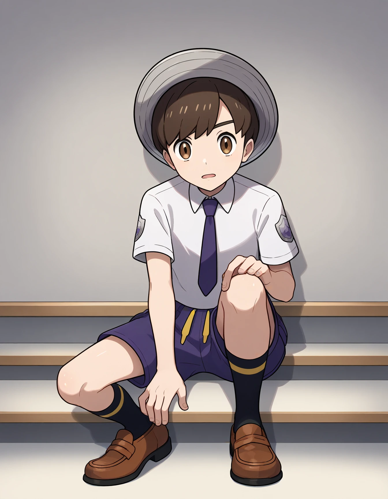 score_9, source_anime, rating_safe BREAK 1boy, solo,
<lora:ponyxl_character-haruto:1> ,
<lora:sdxl_lightning_8step_lora:1>, source_anime, score_9,
haruto, florian \(pokemon\), brown hair, brown eyes,
uva academy school uniform, uva academy \(emblem\), silver emblem, white shirt, purple necktie, purple shorts, striped black socks, loafers,
grey headwear,