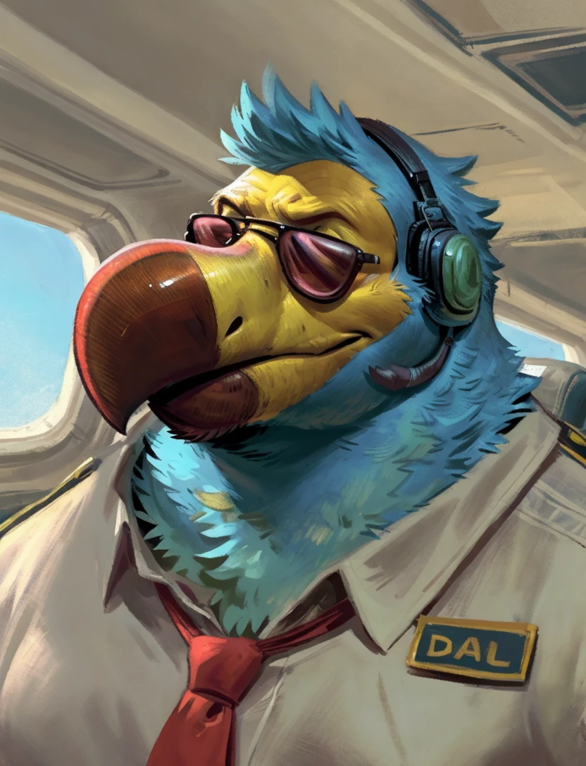 <lora:1_wilburandorville_v2_:1>, (detailed fluffy feathers :1.2), (by dramamine), by taran fiddler:0.8, masterpeice, (airplane interior background), three-quarter view, 
bust portrait, solo, male, manly:1.2, mature male, avian, dodo, (dal employee:1.2. yellow face), beak, (blue body, blue feathers), aviator sunglasses, (headset, white shirt, collared shirt, necktie), badge, (scruffy),