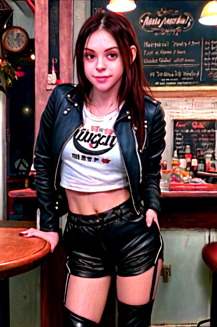 tv_Pure_Kitty_PS_V1,  , hard expression, wearing biker boots, wearing detailed leather pants, wearing a band t-shirt, wearing a leather jacket, standing at the bar in a biker bar, shot from the side, ,  (((relaxed))), "epic-Ultra-HD-details", "epic-Ultra-HD-highlights",  detailed skin, pores,