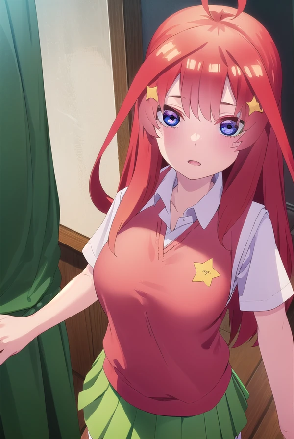 itsukinakano, <lora:itsuki nakano s2-lora-nochekaiser:1>,
itsuki nakano, bangs, blue eyes, hair between eyes, ahoge, red hair, star \(symbol\), hair ornament, star hair ornament,
BREAK skirt, shirt, school uniform, collarbone, white shirt, short sleeves, pleated skirt, socks, collared shirt, miniskirt, kneehighs, white socks, (green skirt:1.5), sweater vest, (red sweater vest:1.5),
BREAK indoors, classroom,
BREAK looking at viewer, (cowboy shot:1.5),
BREAK <lyco:GoodHands-beta2:1>, (masterpiece:1.2), best quality, high resolution, unity 8k wallpaper, (illustration:0.8), (beautiful detailed eyes:1.6), extremely detailed face, perfect lighting, extremely detailed CG, (perfect hands, perfect anatomy),