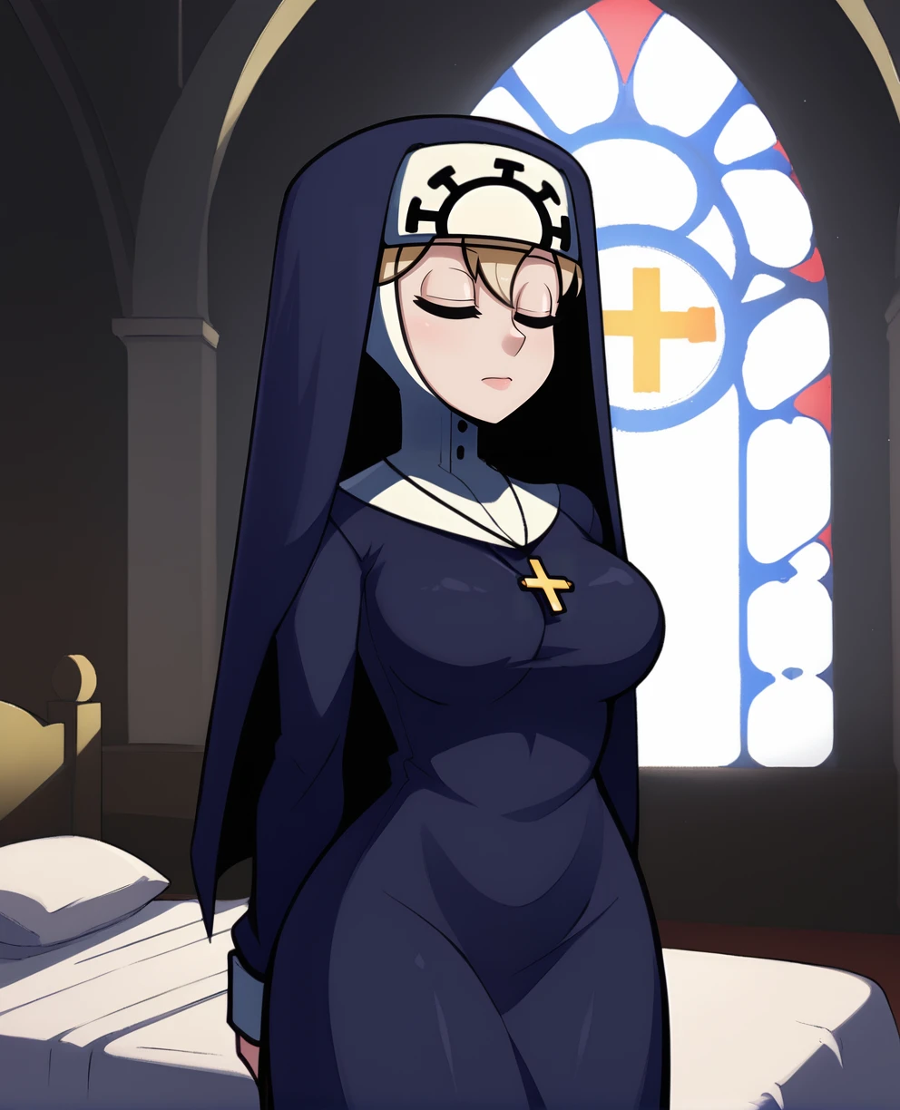 Double,closed eyes,
standing,arms behind back,
blue habit,cross necklace,long sleeves,nun,
church,morning,
<lora:Double:0.8>,