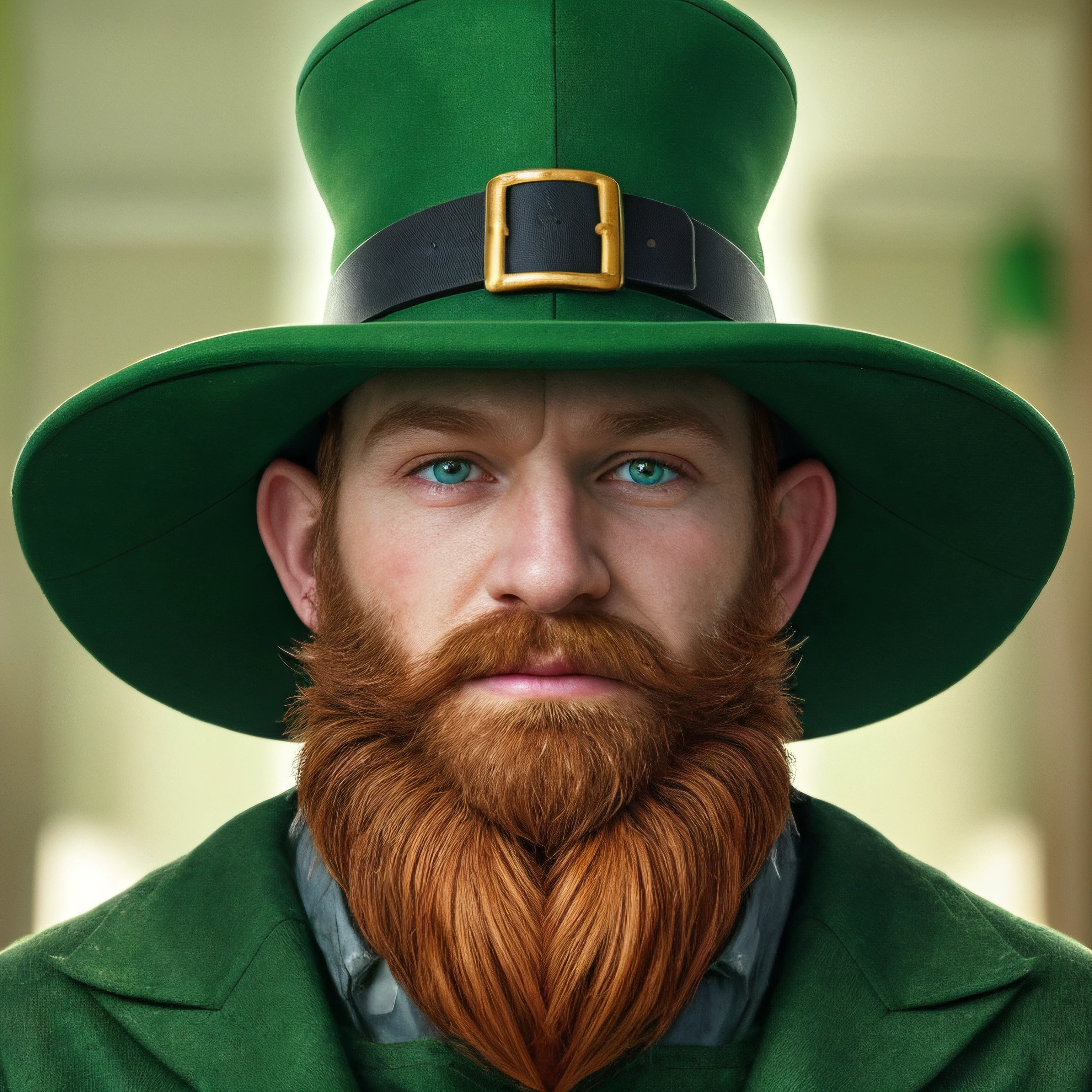 Leprechaun, green clothes, leprechau hat, beard, 1male, leprechaunmale, 1boy, muscular, (face:1.1), masterpiece, high details, high quality, best quality, highres <lora:LeprechaunMale:0.4>