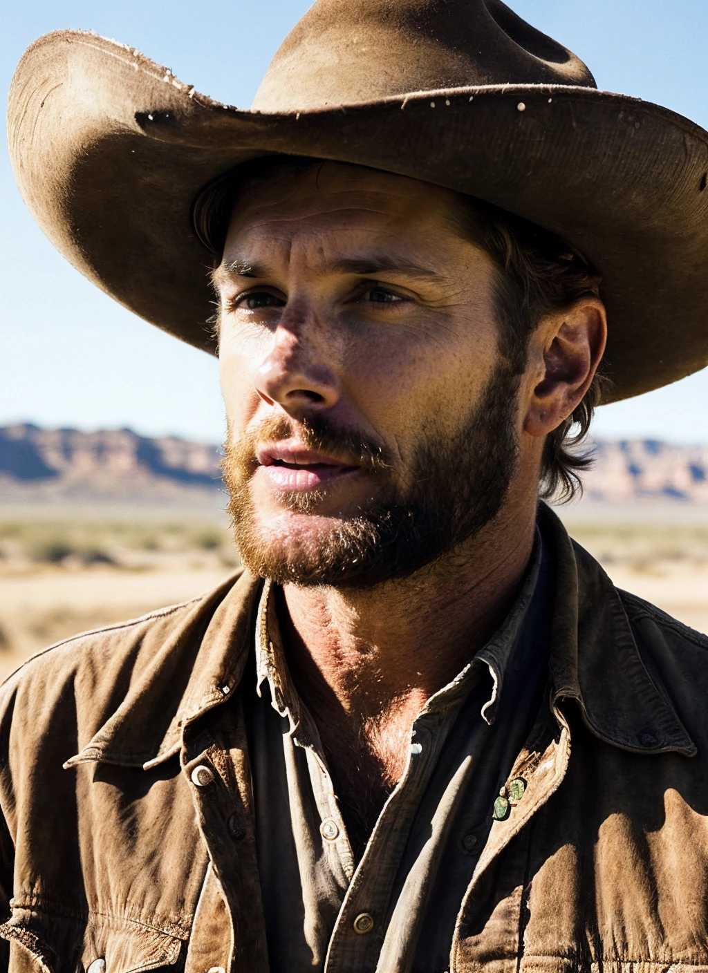 photo of 25 years  sks person, natural lighting <lora:skin_slider_v2_1_FACE:0.3> <lora:add_detail:0.7>,  epiCPhoto, <lora:locon_jensenackles_v1_from_v1_64_32:1>, man, western cowboy style, analog photo of a rugged cowboy riding a horse in a dusty desert, vast open plains in the background, weathered cowboy hat, 4k resolution, detailed desert landscape, determined look and eyes, (wild west eyes) <lora:epiNoiseoffset_v2:1>, Desert Art created on a Wacom Cintiq Pro of a [Courageous:1.3] Brave (cowboy) in a [Gallop Pose:1.4], Sunlit Desert Lighting. Eisner Award Winner, Horizontal image, (Weathered Features), (Wild West Eyes), Earthy Tones, Art by [Gregory Manchess], Dust Whirls, (Detailed Horse), ((vast open plains))