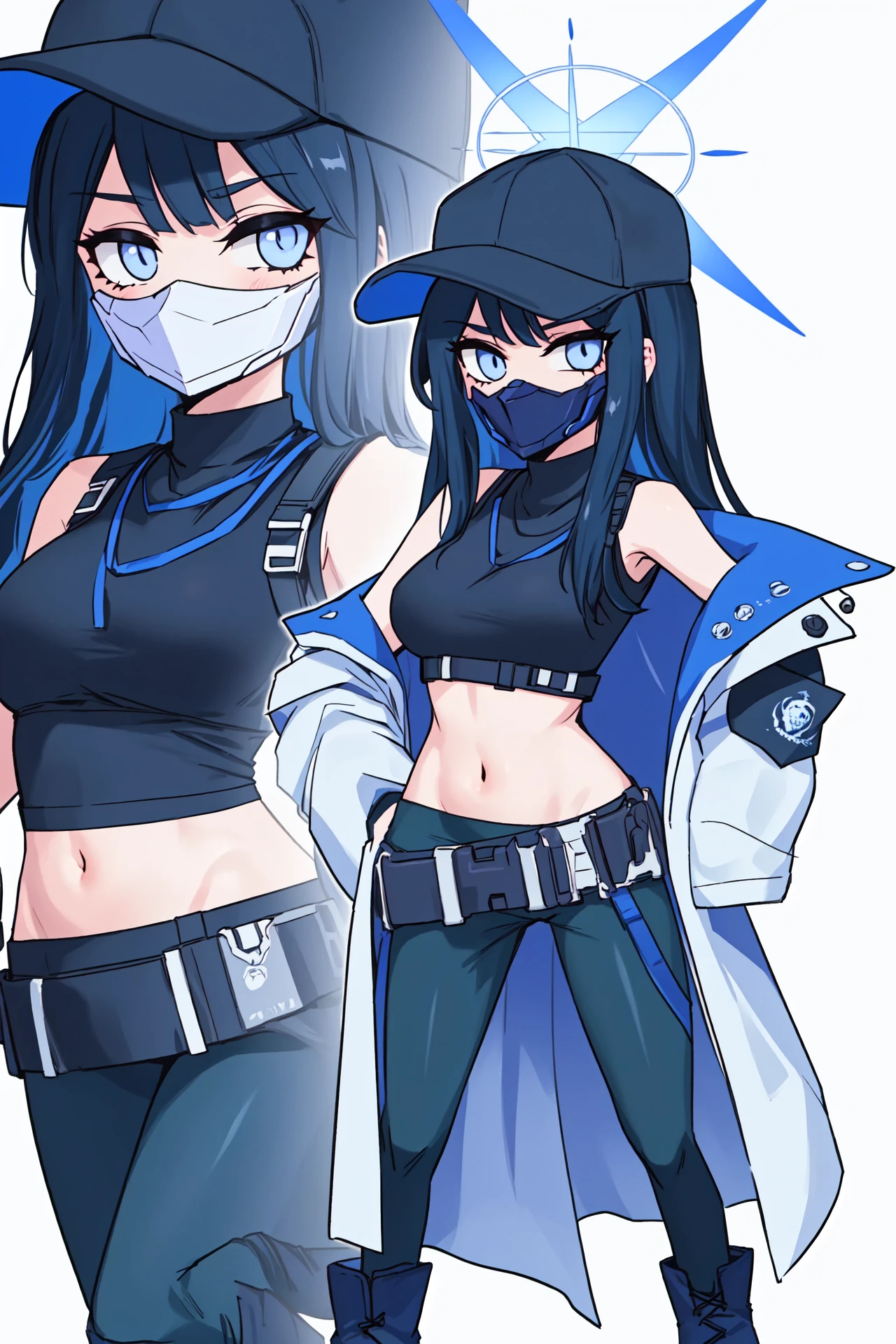 saori \(blue archive\), 1girl, solo, full body, stomach, baseball cap, long hair, navel, halo, black pants, crop top, black gloves, white coat, hand on hip, midriff, off shoulder, white background, mouth mask, standing, blue eyes, sleeveless shirt, medium breasts, black hair, bare shoulders, simple background, black headwear, boots, looking at viewer, black belt, bangs, open coat, black shirt, snap-fit buckle, black footwear, blue hair, harness, sig sauer, armband, underbust, <lora:saoriv15:1>