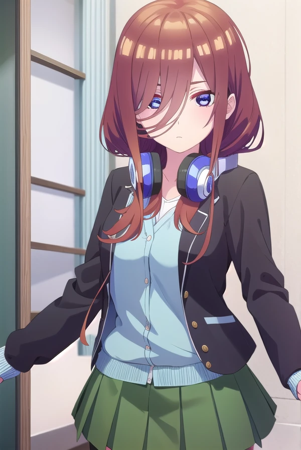 mikunakano, <lora:miku nakano s2-lora-nochekaiser:1>,
miku nakano, long hair, bangs, blue eyes, brown hair, shirt, hair between eyes, headphones, cardigan, headphones around neck,
BREAK skirt, shirt, long sleeves, white shirt, pantyhose, pleated skirt, black pantyhose, cardigan, green skirt, blue cardigan,
BREAK indoors, classroom,
BREAK looking at viewer,
BREAK <lyco:GoodHands-beta2:1>, (masterpiece:1.2), best quality, high resolution, unity 8k wallpaper, (illustration:0.8), (beautiful detailed eyes:1.6), extremely detailed face, perfect lighting, extremely detailed CG, (perfect hands, perfect anatomy),