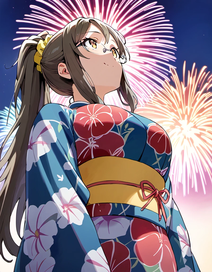 score_9, score_8_up, score_7_up,
source_anime,
1girl, looking up, smile, fireworks, hanabi, at night, from below,
frio, long hair, high ponytail, , scrunchie, sidelocks, bangs, brown hair, grey hair, breasts, rimless eyewear,
japanese clothes, yukata, floral print, obi, kinchaku,
<lora:futabario_pony_v1r:0.7>