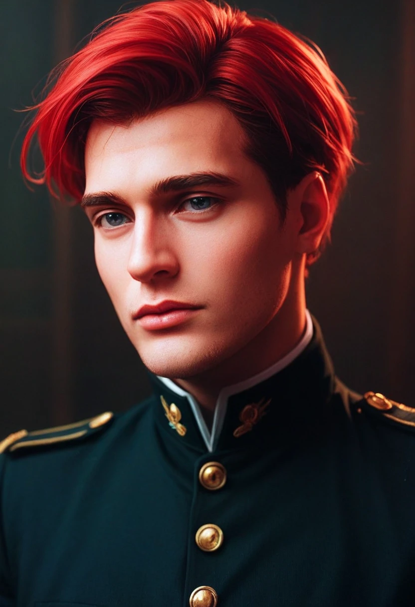 score9,score8up,score7up,score6up, a character photo portrait of a Bosnian man with red hair Showcasing a stylish, military-inspired peacoat with brass buttons and tailored trousers, tonalism, backlit portrait, portrait soft light, dramatic light on face