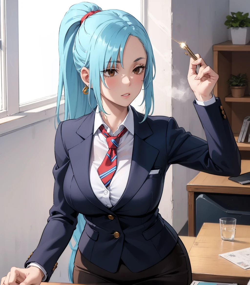 <lora:SC_Coolsan_MSV1:0.9>, skcoolsan,mature female,lightblue hair,brown eyes,, warm colors,office woman, blazer, necktie, high ponytail