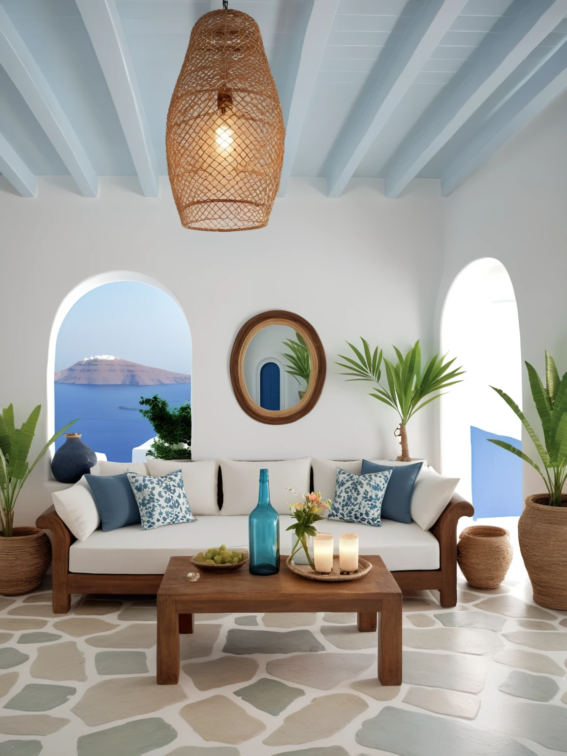 <lora:JJsSantoriniStyle_XL:1>, ((Santorini Style)), ((best quality)),((masterpiece)),((realistic)), photorealistic, authentic, soft lighting, ,indoor scenery,sofa,table , lamp, flower, bottle,chair ,ceiling light, plant, window , wall, glass,water,