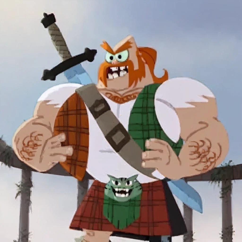 Scotsman, <lora:ScotsmanSDXL:0.8>,score_9, score_8_up, score_7_up, solo,1boy,sword on back,male focus,teeth,vest,Bagpipes,plaid,ginger hair,kilt,source_cartoon,scotsman from samurai jack