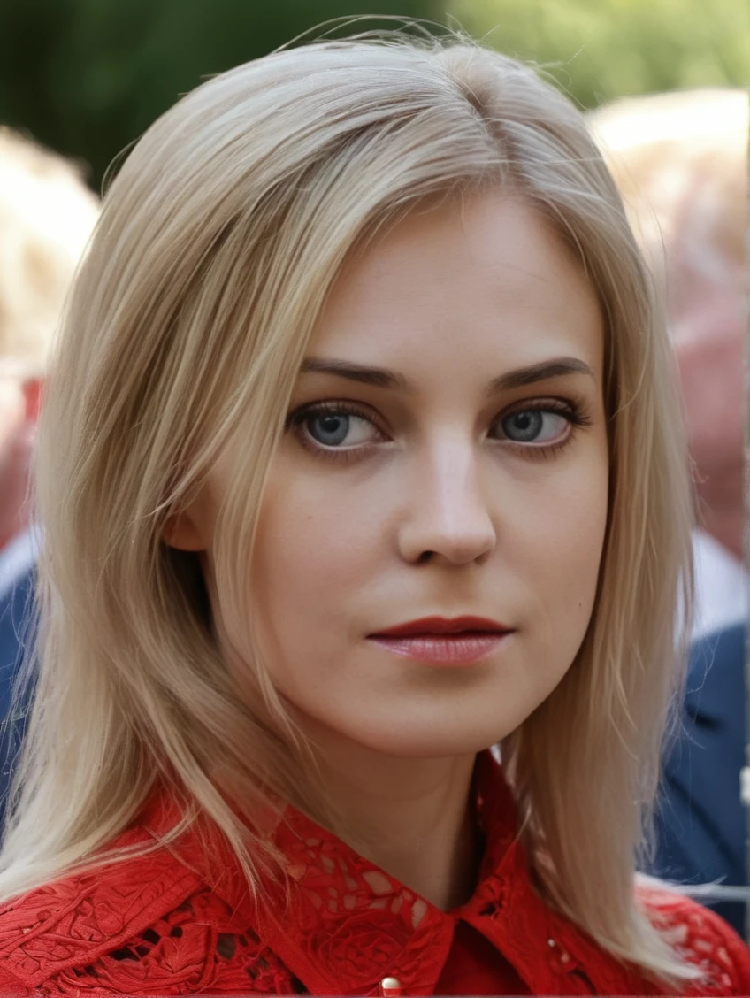 a beautiful picture of natpokXL, masterpiece, photorealistic, woman, detailed face, 4k, light, RAW color photo,(fully in frame:1.1), detailed skin texture, (blush:0.5), (goosebumps:0.5),pale blonde hair,outdoors,wearing a red blouse,<lora:natpokXL:1> face closeup