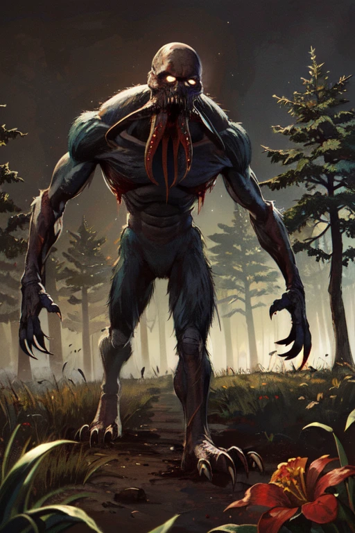 (Award-winning masterpiece:1.5), (incredible detail), (hyper realistic:1.4), (whole body:1.7), (group trying to retreat but paralyzed by panic), (man raising broken branch in defense), (creature easily knocking it away), (screams of pain echoing through forest), (dark forest), (dramatic lighting), (intricate details:1.1)