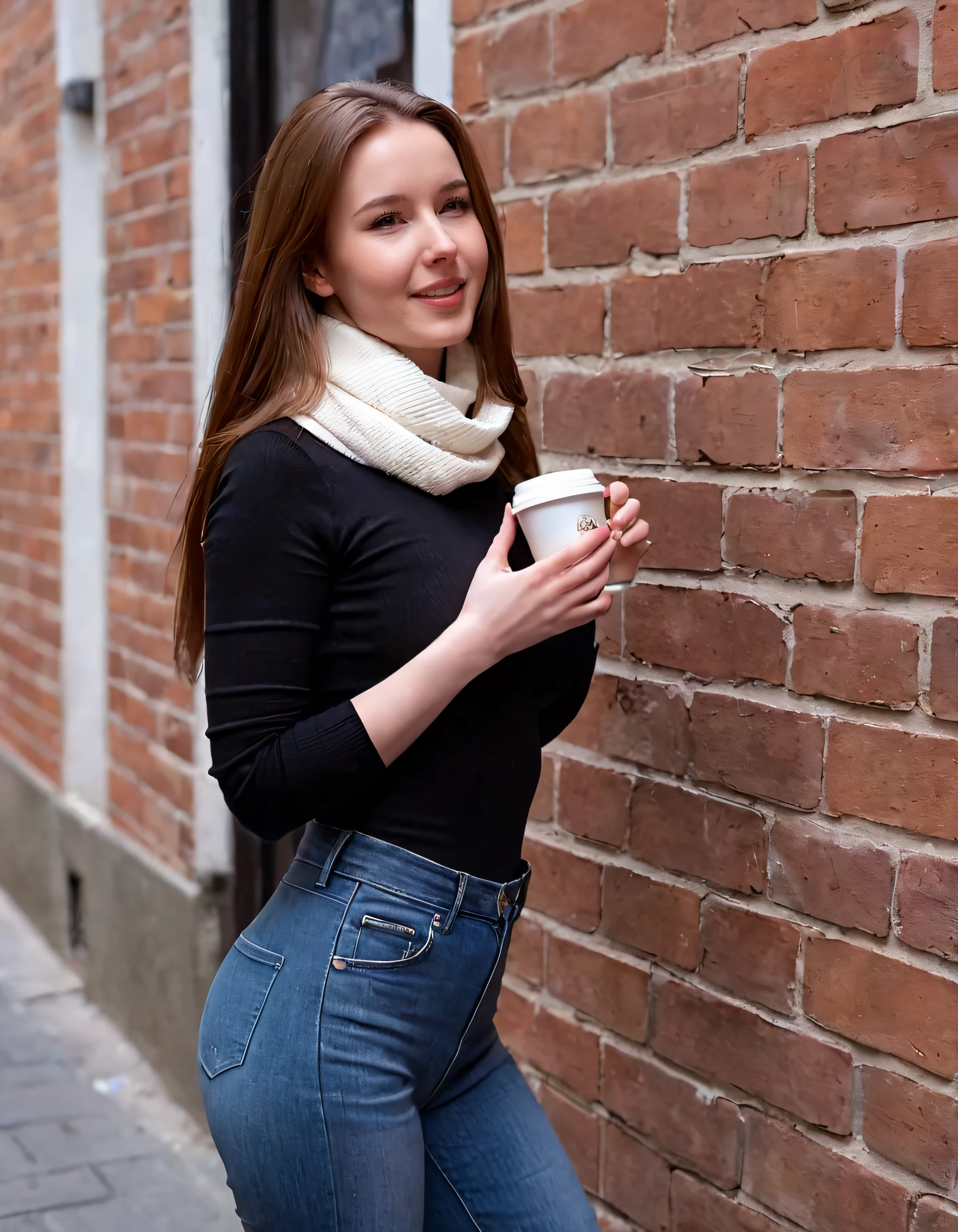 In this imagined scene, Agent Nesty with her distinctively slim waist and curvy figure stood confidently in a dimly-lit alleyway. She had wide hips accentuated by her high-waisted jeans and long-sleeve turtleneck sweater. Her big breasts, covered by a scarf around her neck, provided balance to the rest of her statuesque frame as she casually leaned against a brick wall. The soft brown hair cascaded down her shoulders, framing her expressive face that alternated between her parted lips and closed mouth with a faint hint of a smile. Her long hair swayed gracefully in the gentle breeze as her eyes, a captivating brown hue, scanned the street, searching for any signs of suspicious activities. Clutching a cup of steaming coffee from a nearby cafe, she appeared both alluring and mysterious - a combination that made everyone pause to take notice of this enigmatic woman named Agent Nesty. <lora:niissy18e0ef9d53ew79a:1>