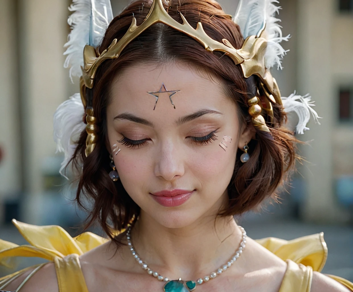 cinematic film still lijewelxl. a beautiful woman with makeup in pleasured expression with (closed eyes and soft smile:1.5) wearing a yellow lavish ballgown, (straight short hair:1.5) and big headgear. hoop earrings, jewelry, necklace . retro filter, gloomy, cloudy, ultra-HD-photos, extremely detailed, studio background. <lora:lijewelXL:0.85> . shallow depth of field, vignette, highly detailed, high budget, bokeh, cinemascope, moody, epic, gorgeous, film grain, grainy