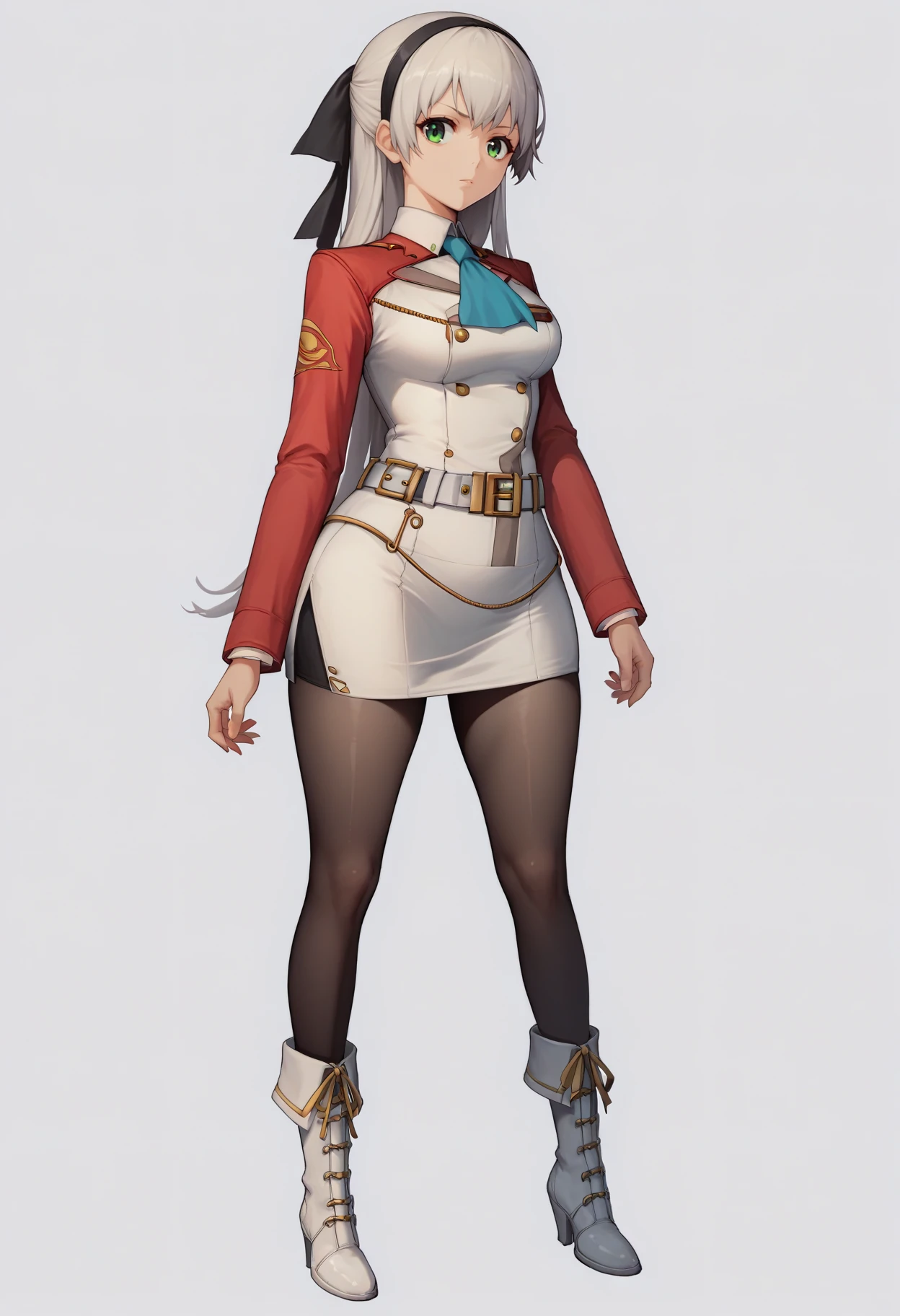 score_9, score_8_up, score_7_up, source_anime BREAK 1girl, solo, simple background, white background,
<lora:nikke-style-poses-richy-v1_pdxl:1> nikkestanding, full body, standing, thick thighs, wide hips, looking at viewer,
<lora:elie-pdxl-nvwls-v1:1> zeroElie, black hairband, hair ribbon, long hair, uniform, long red sleeves, white dress, pencil skirt, belt, black pantyhose, white boots, blue ascot