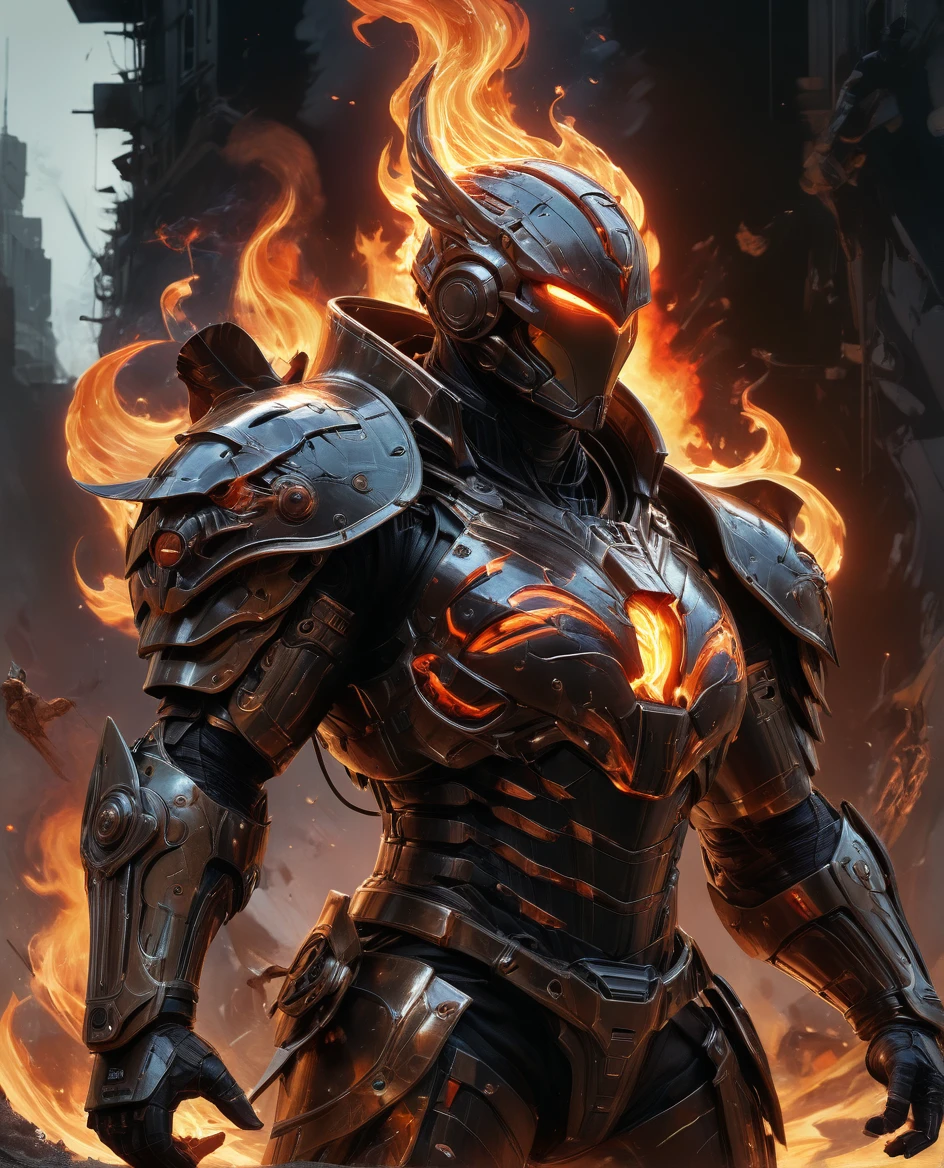 art by aleksi briclot and Bastien Lecouffe Deharme,heavy armored man,masterpiece,8k,Infernal style <lora:InfernalStyleXL-000006:0.666>,8k uhd,absurd res,ultra detailed,masterpiece,awardwinning,sharp focus,intricate detail,50mm lens <lora:add-detail-xl:1>,r(uss mills,yossi kotler,carne griffiths:1.3),messy,flaming features,glowing,epic
