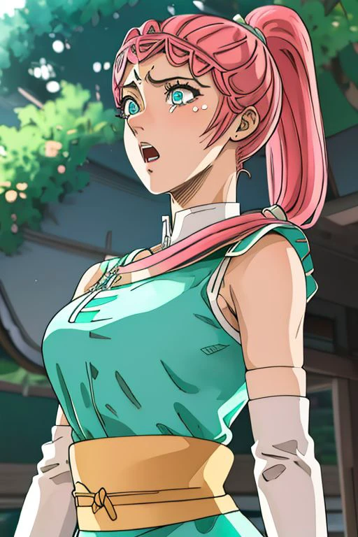 1girl, longyuyin, long hair, pink hair, ponytail, single hair bun, blue eyes, breasts,
aqua dress, green sash, white arm warmers,
outdoors, soft lighting, masterpiece, best quality,
front view, close-up, big eyes, wide-eyes, open mouth, tears,
<lora:long-yuyin-v1.0-lora:1>