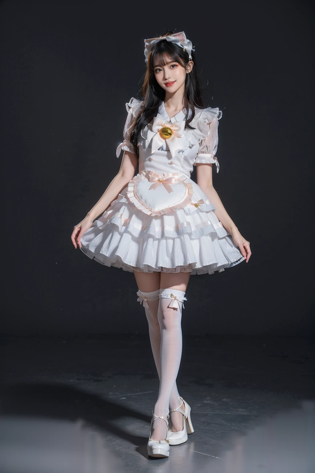 best quality, masterpiece, realistic, photorealistic, 1girl, solo, looking at viewer, smile, long black hair, bangs, standing, arms at side, full body, cyb dress, puffy short sleeves, bow, bell, white thighhighs, high heels, simple background, <lora:sweet_attire_style4_v1:0.7>