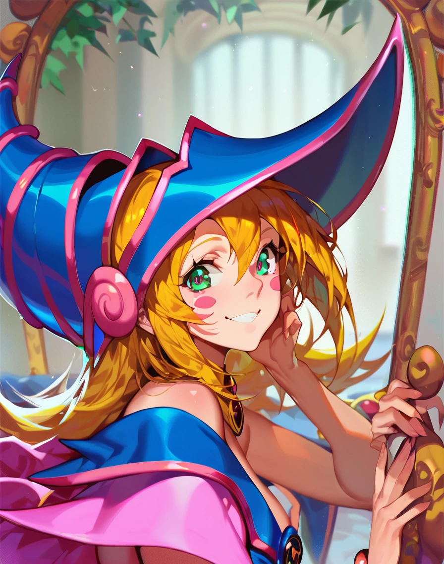 score_9, score_8_up, score_7_up, a girl is combing in front a mirror, sitting,dark magician girl, blush stickers, looking at viewer, smile, portrait,
<lora:ra_xl_v2:.8>