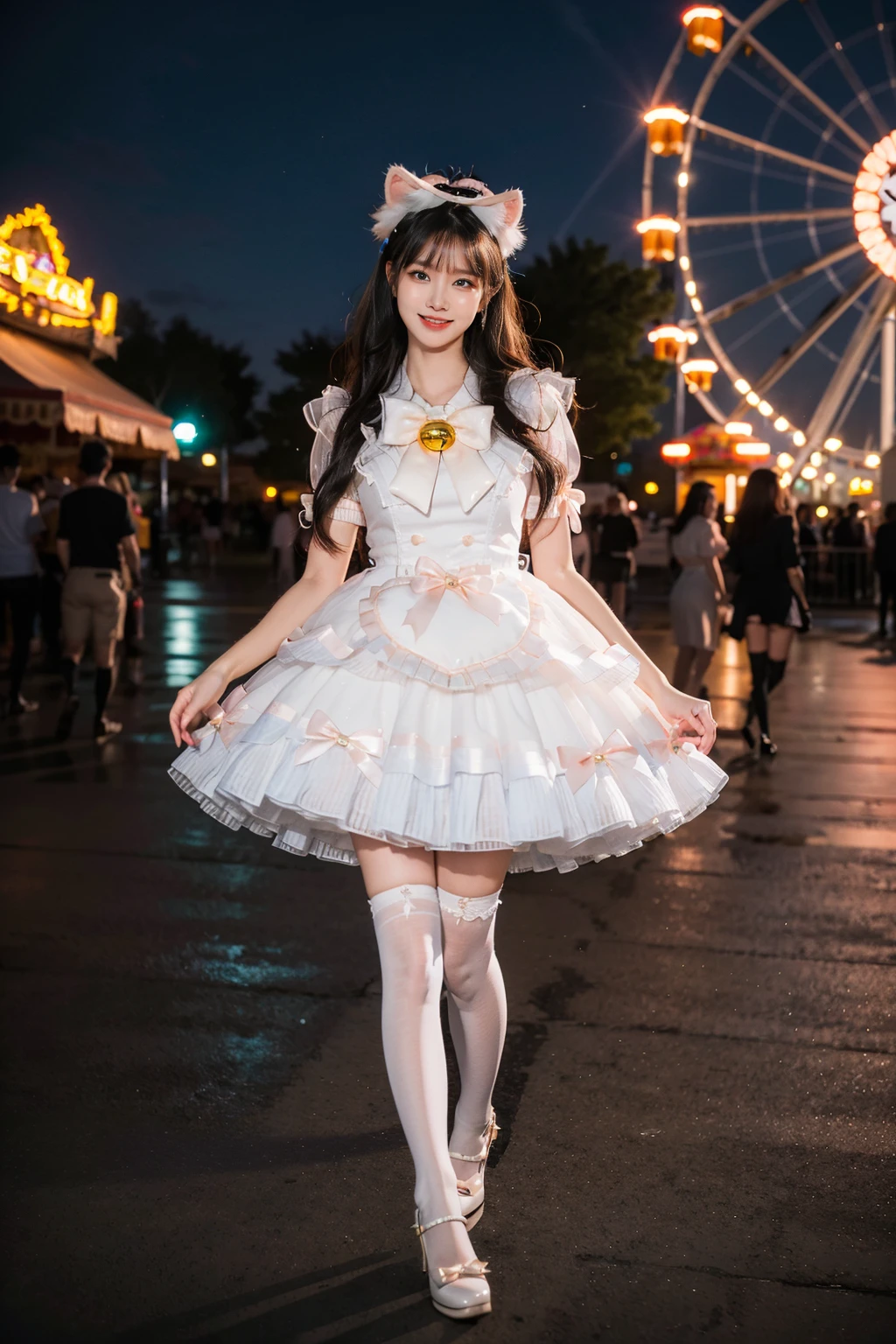 best quality, masterpiece, realistic, photorealistic, 1girl, solo, looking at viewer, smile, long black hair, bangs, standing, full body, cyb dress, puffy short sleeves, bow, bell, animal ears, white thighhighs, white high heels, amusement park, people, detailed background, <lora:sweet_attire_style4_v1:0.7>