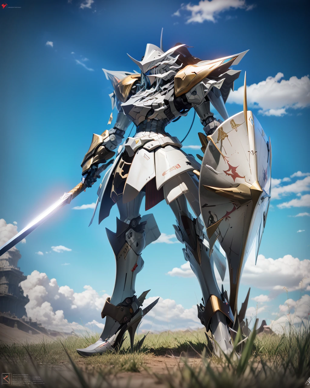 best quality,masterpiece,highly detailed,ultra-detailed,
sword on shoulder,
<lora:neg4all_bdsqlsz_V3.5:-1> <lora:cartoonisationer-V4-8:0.75><lora:cartoonisationer:0.75> <lora:MH:1> (mh, fss:1), robot, mecha, no humans, solo,holding weapon, shield, sword,family crest, text, gameplay mechanics, demon horns, red_trim,white mecha,
blue sky, grass,blurry background, blurry foreground, narrow waist, wide armored dress, high heels, corset, industrial pipe, golden armor,led eye,one eye monitor,
<lora:boldline:-2>, professional 3d model ,octane render, highly detailed, volumetric, dramatic lighting