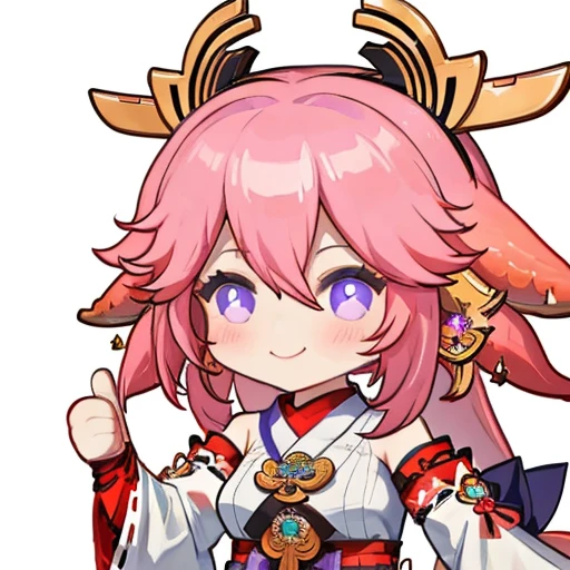 <lora:thumb-up:1>, thumbs-up, yae miko, 1girl, chibi, solo, long hair, purple eyes, smile, pink hair, detached sleeves, white background, japanese clothes, animal ears, simple background, hair between eyes, bangs, fox ears, wide sleeves, jewelry, nontraditional miko, looking at viewer, earrings, sidelocks, hair ornament, long sleeves, upper body, ribbon trim, breasts, ribbon-trimmed sleeves, bare shoulders