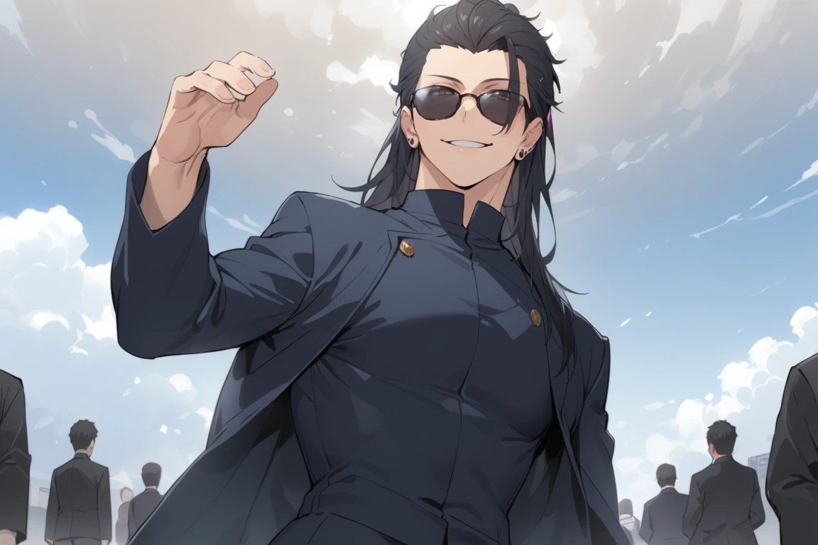 1boy, black_hair,long_hair,cloudy_sky,gakuran,dynamic_pose,cowboy_shot,sunglasses,smirk,black_eyes,ear_peircing,(masterpiece,best quality,highres:1.3),detailed_face,solo_focus,alone,Getou Suguru ,looking_at_viewer,detailed_eyes,black_eyes<lora:EMS-289246-EMS:0.700000>, <lora:EMS-313173-EMS:0.800000>