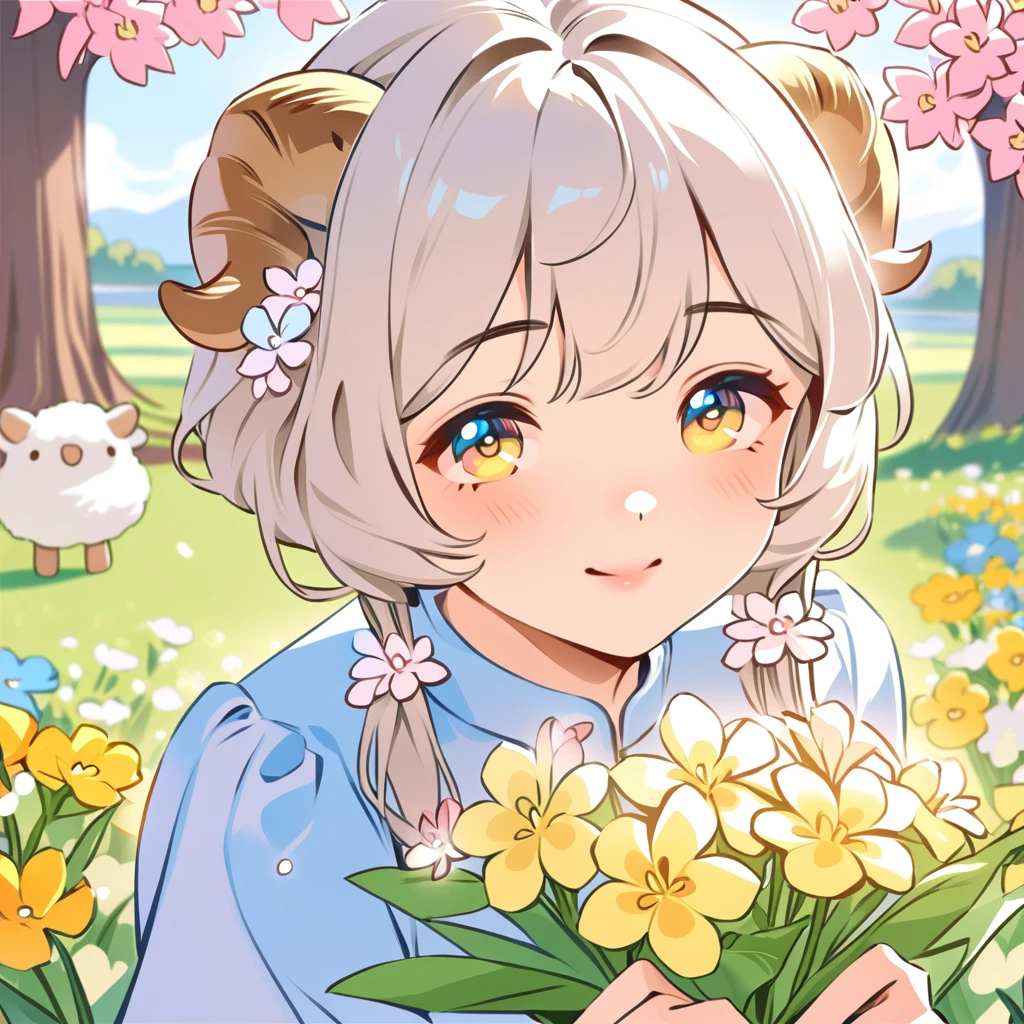 cute cartoon character, lamb enjoying springtime flowers, (((masterpiece))),(best quality)<lora:cute_head:0.85>