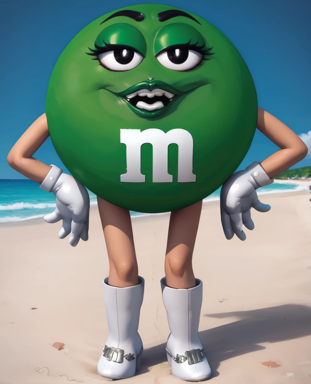 msgreen,white gloves,black eyes,m,hands on hips,
standing,white boots,green eyeshadow,open mouth,teeth,
beach resort,morning,
<lora:MsGreen:1>,