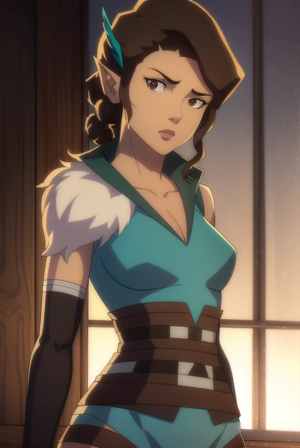 vexahlia, <lora:vexahlia-lora-nochekaiser:1>,
vexahlia, short hair, brown hair, black hair, hair ornament, pointy ears, (brown eyes:1.5),
BREAK gloves, cleavage, collarbone, fingerless gloves, armor, brown gloves, quiver,
BREAK outdoors,
BREAK looking at viewer, dynamic pose, cowboy shot,
BREAK <lyco:GoodHands-beta2:1>, (masterpiece:1.2), best quality, high resolution, unity 8k wallpaper, (illustration:0.8), (beautiful detailed eyes:1.6), extremely detailed face, perfect lighting, extremely detailed CG, (perfect hands, perfect anatomy),