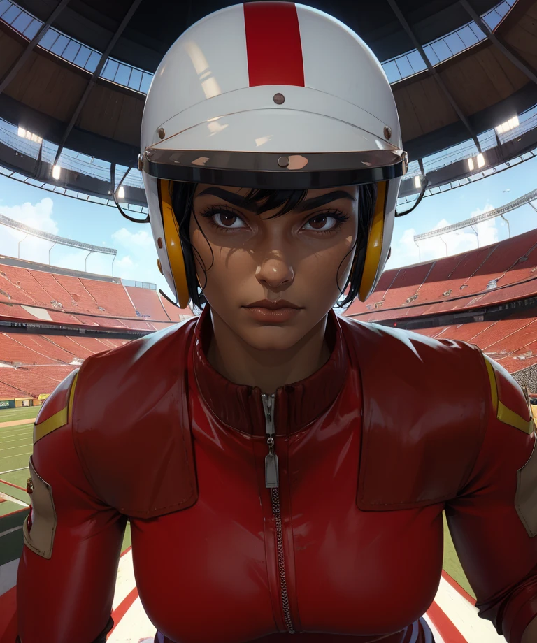 KaraHassan,brown eyes,black hair,short hair,
red jumpsuit,helmet,
standing,upper body,close up,
stadium,indoors,
(insanely detailed, masterpiece, best quality),solo,<lora:KaraHassan:0.8>,