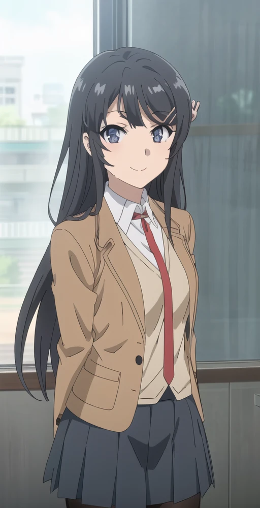 MSV2, 1girl, solo, portrait, upper body, looking at viewer, smile, school uniform, brown blazer, red necktie, white shirt, vest, miniskirt, pantyhose, perfect quality, good quality, masterpiece, HDR, UHD <lora:Mai Sakurajima V2-000003:0.8>