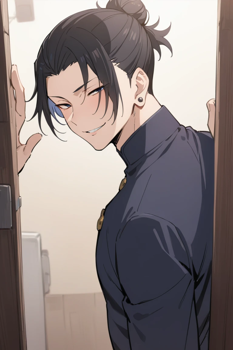 1boy, black_hair,hair_bun,gakuran,dynamic_pose,cowboy_shot,back_against_the_wall,smirk,black_eyes,ear_peircing,(masterpiece,best quality,highres:1.3),detailed_face,solo_focus,alone,Getou Suguru ,looking_at_viewer<lora:EMS-289246-EMS:0.600000>, <lora:EMS-313173-EMS:0.800000>