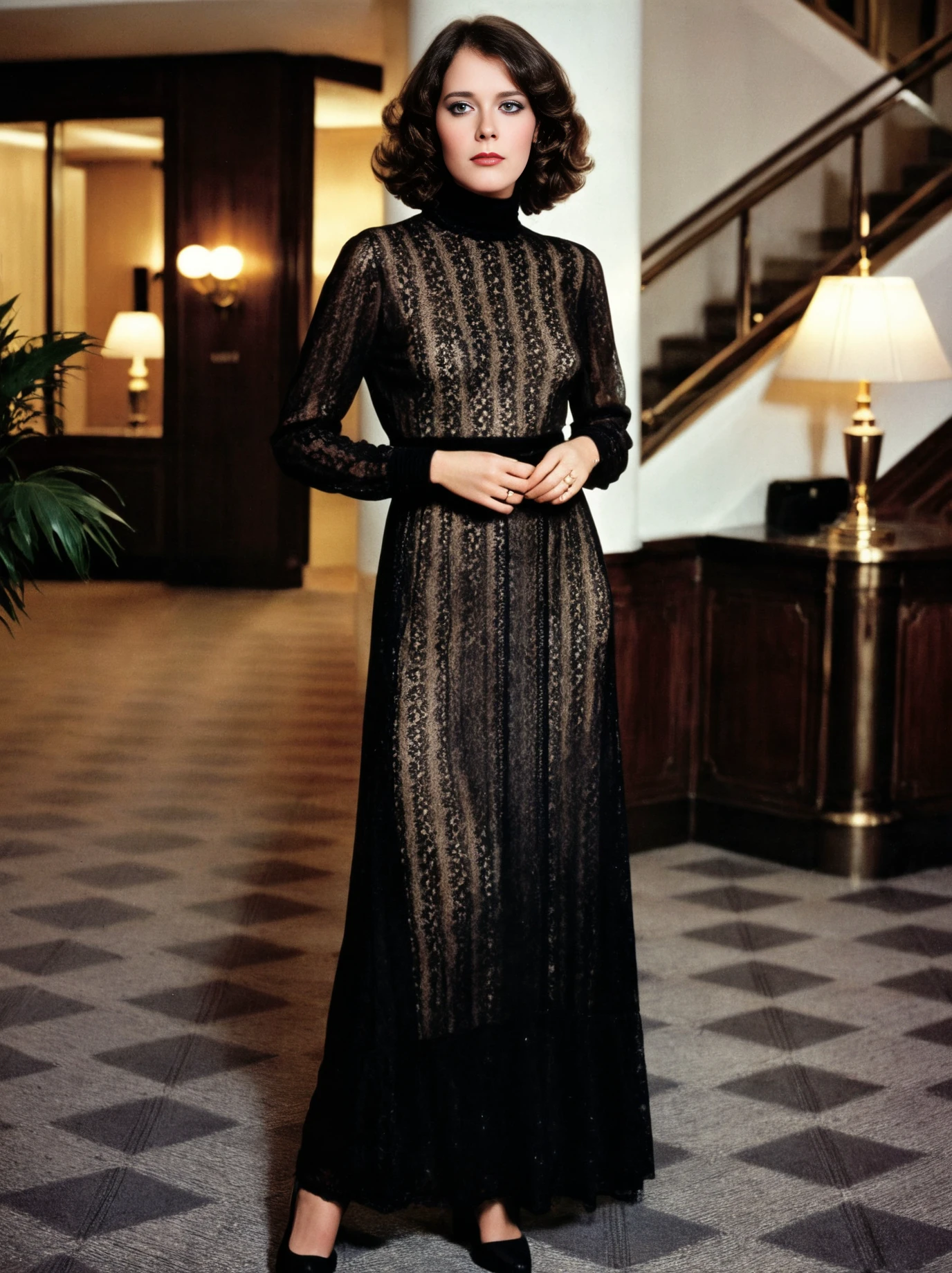 Photorealism <lora:SylviaKristelSDXL-000008:1>, full-body photo of SylviaKristelSDXL wearing a turtleneck black lace maxi dress, standing in a hotel lobby, looking at the viewer, 80's retro style, Photorealism, often for highly detailed representation, photographic accuracy, or visual illusion.