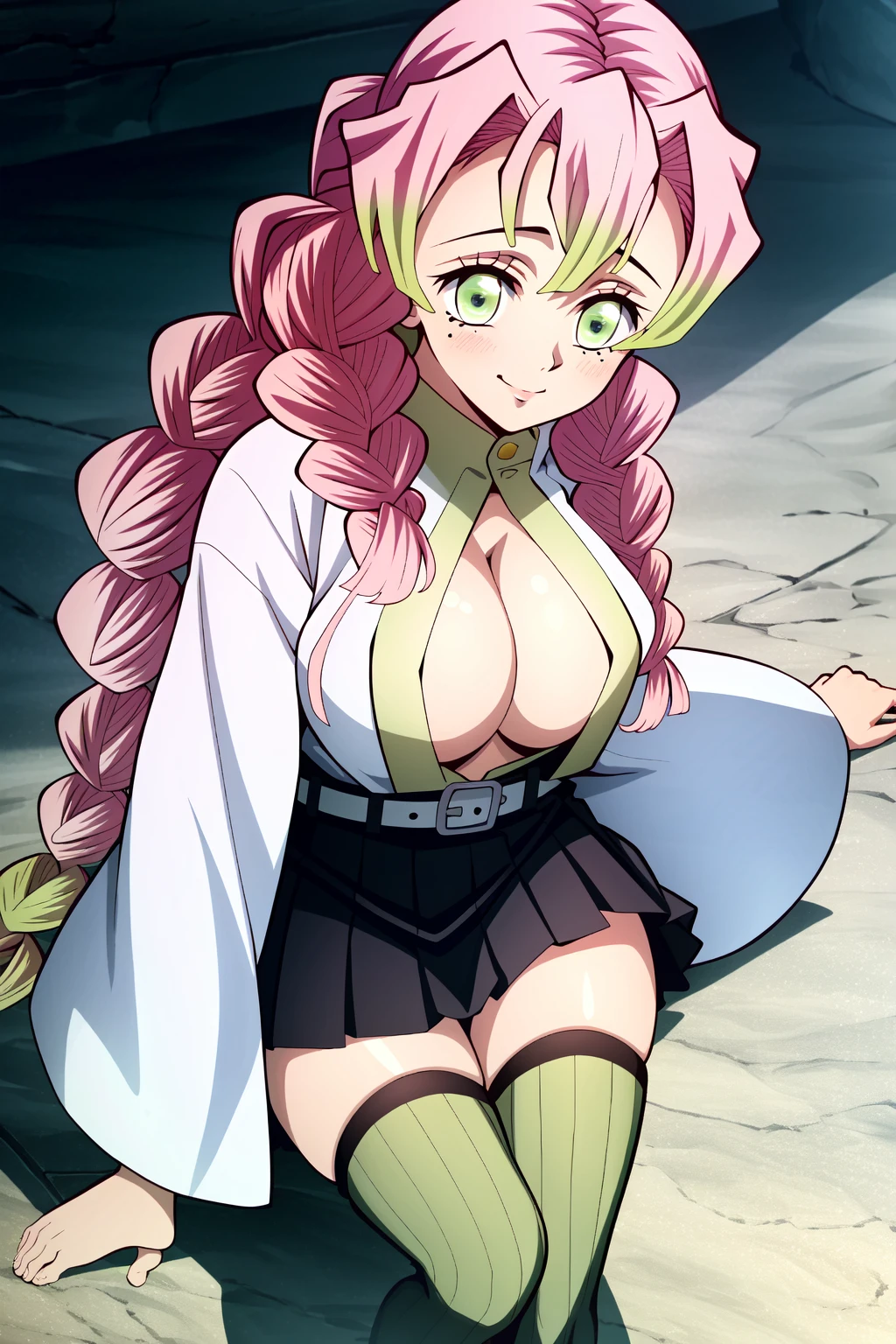 Best Quality, High resolution, Unity 8k壁纸, (Illustration:0.8), (Beautiful detailed eyes:1.6), extra detailed face, Perfect Lighting, extremely details CG, (Perfect hands, Perfect Anatomy),masterpiece,high resolution,perfect anatomy,cinematic lighting,anime keyvisual,beautiful detailed eyes,best quality,unity 8k wallpaper,super detailed skin,white skin, 
mitsuri kanroji,pink decorated panties,upskirt