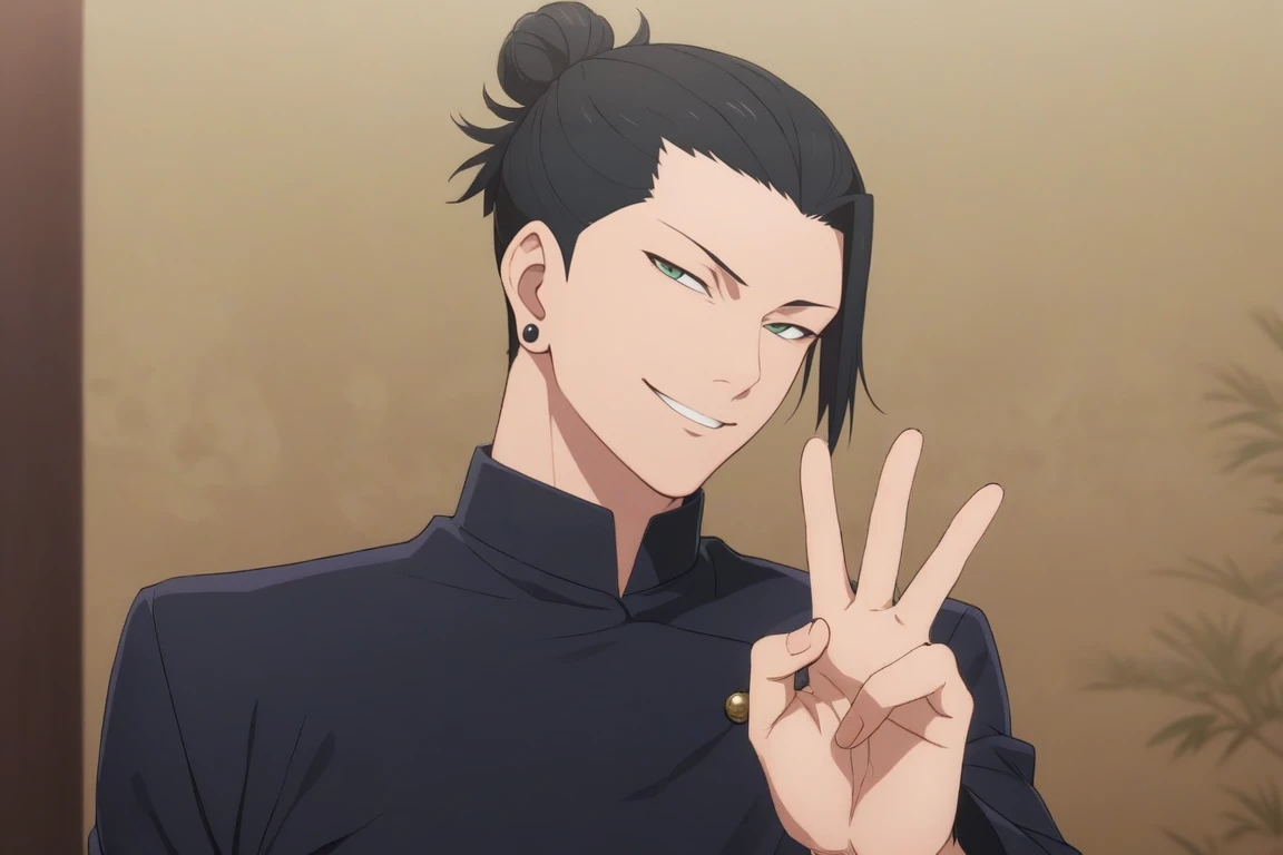 1boy, black_hair,hair_bun,gakuran,dynamic_pose,cowboy_shot,peace_sign,smirk,black_eyes,ear_peircing,(masterpiece,best quality,highres:1.3),detailed_face,solo_focus,alone,Getou Suguru ,looking_at_viewer,detailed_eyes,black_eyes<lora:EMS-289246-EMS:0.700000>, <lora:EMS-313173-EMS:0.800000>