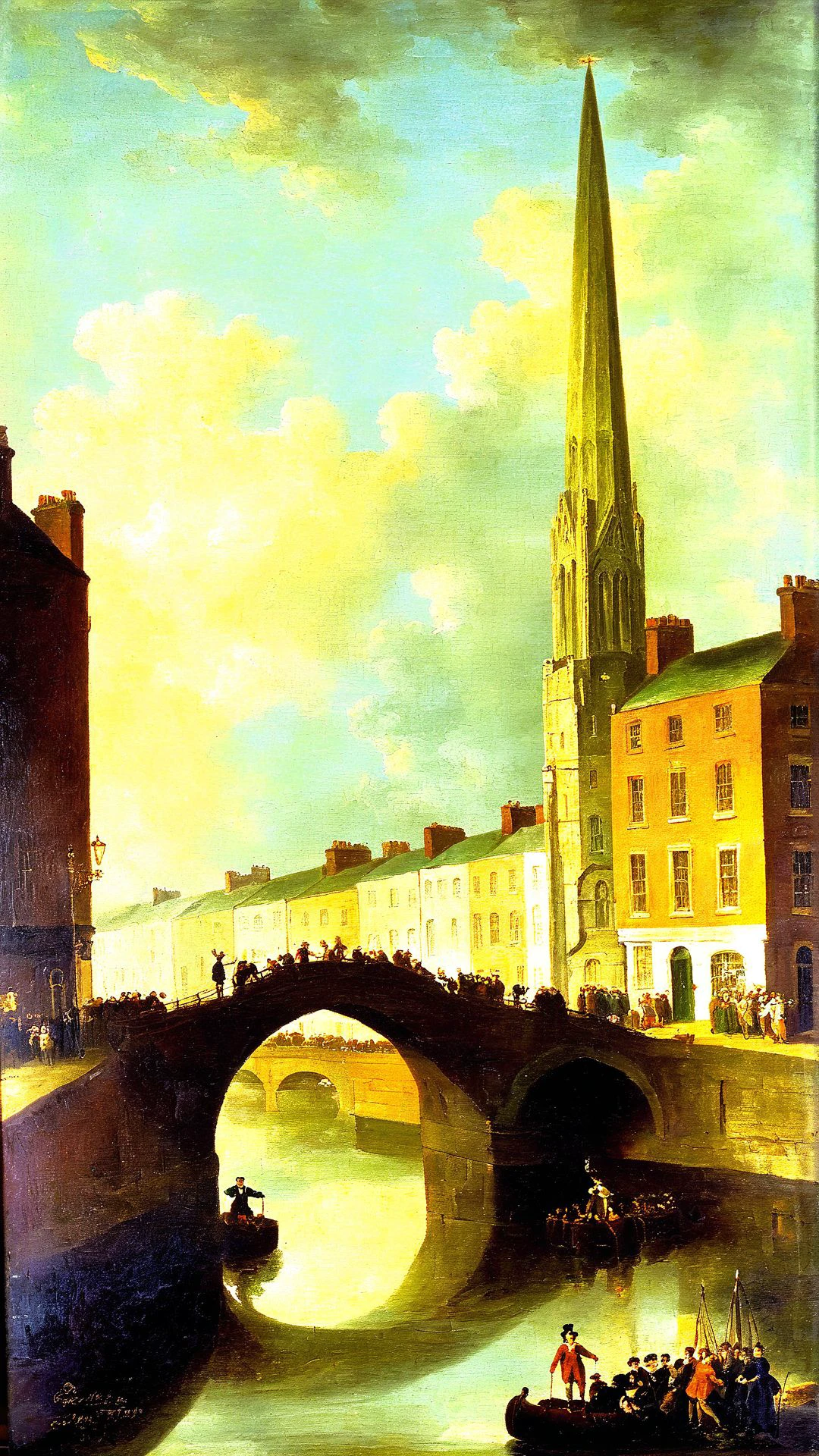 <lora:G30rg3B4rr3tSr_v1:1>, G30rg3B4rr3tSr oil painting,  saint-patrick's celebration day, masterpiece, dublin city, bridge