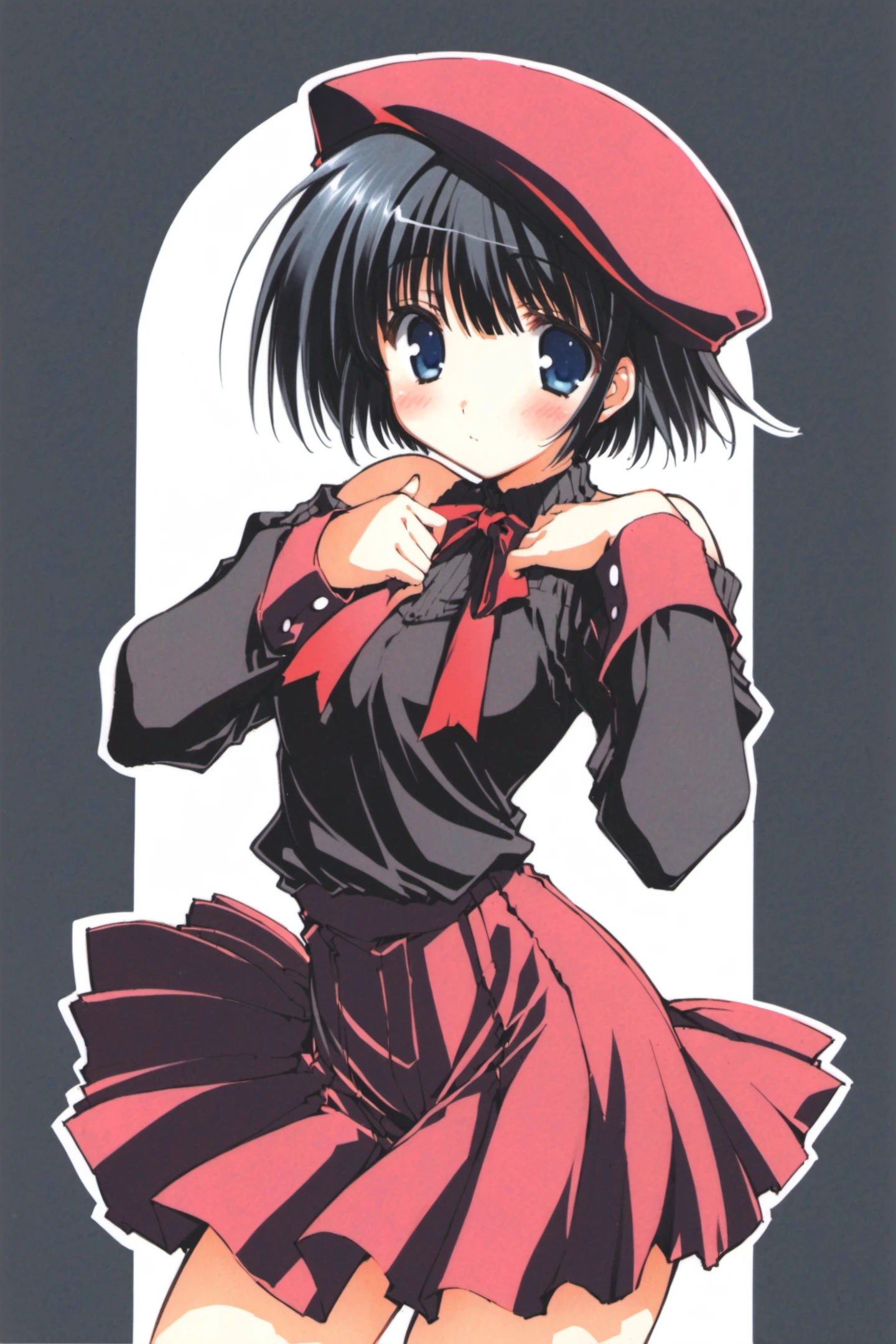 1girl,solo,hat,black hair,short hair,ribbon,blue eyes,long sleeves,bare shoulders,black eyes,blush,skirt,traditional media,<lora:Leaf_XL:0.8>,