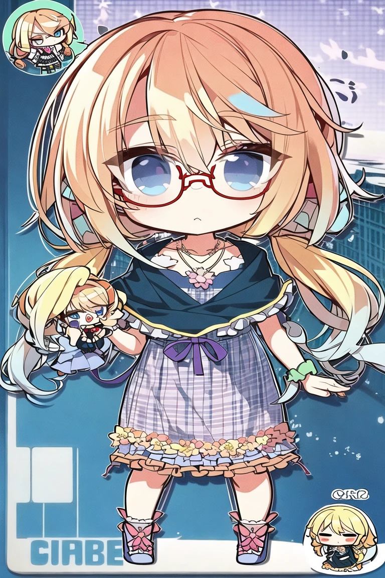 <lora:HarunoSora_V01:0.9>1girl, HarunoSora, blue eyes, (mole under mouth), red-framed eyewear,
(blonde hair, blue hair:1.2, gradient hair:1.2), (low twintails:1.2), multicolored hair, flower hair ornament,
(plaid dress:1.2), frills, bracelet, capelet, collarbone, pendant, purple waistband, scrunchie, necklace, jewelry,
(|_|),(chibi:1.5),full body,simple backgraund,
(masterpiece),(best quality),(ultra detailed),
highly detailed, intricate details, High quality shadow, Cinematic Light, perfect anatomy,