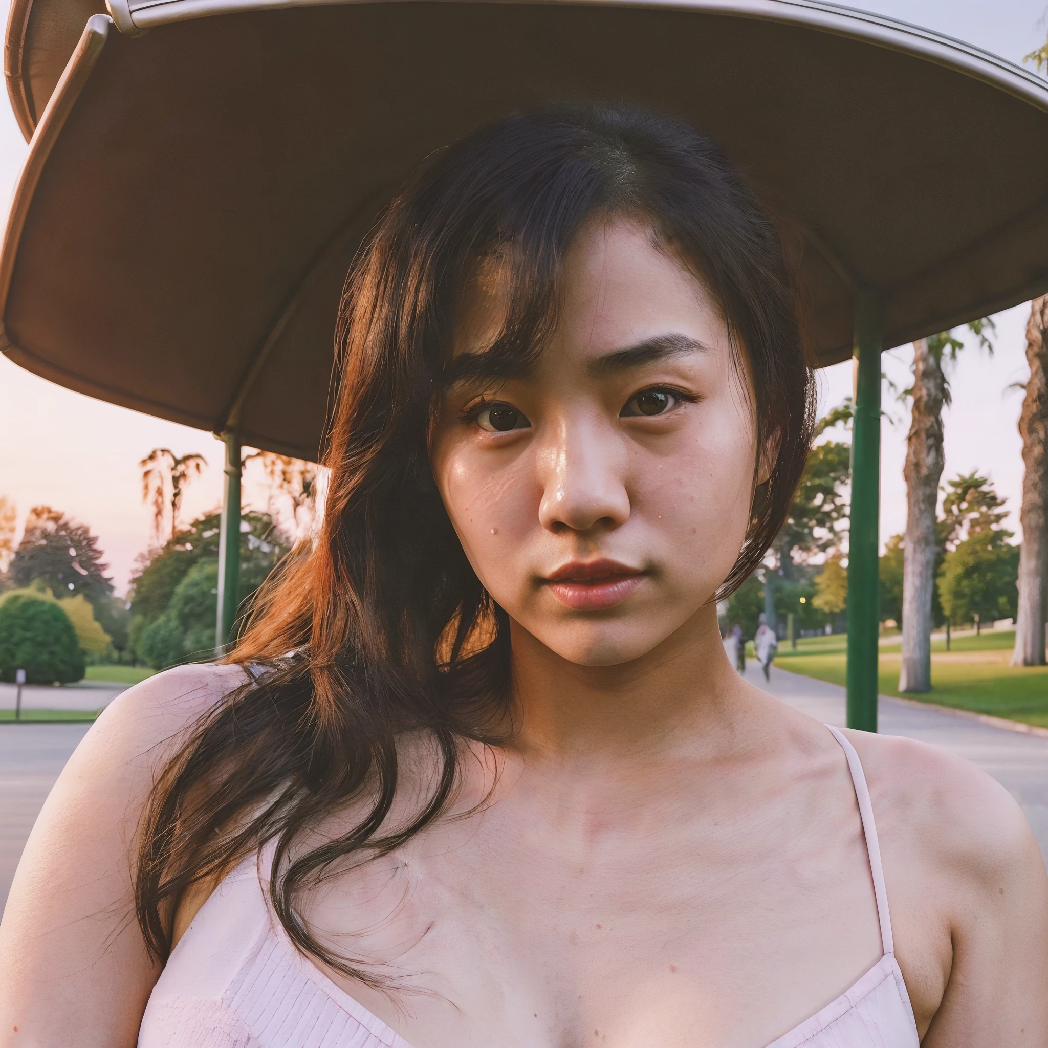 chokehold, <lora:chokehold:5.0> portrait of 24yo female, asian, looking into camera, realistic, ultra detailed, skin pores, vintage, 16k, surreal, park setting, sunset, cinematic lighting