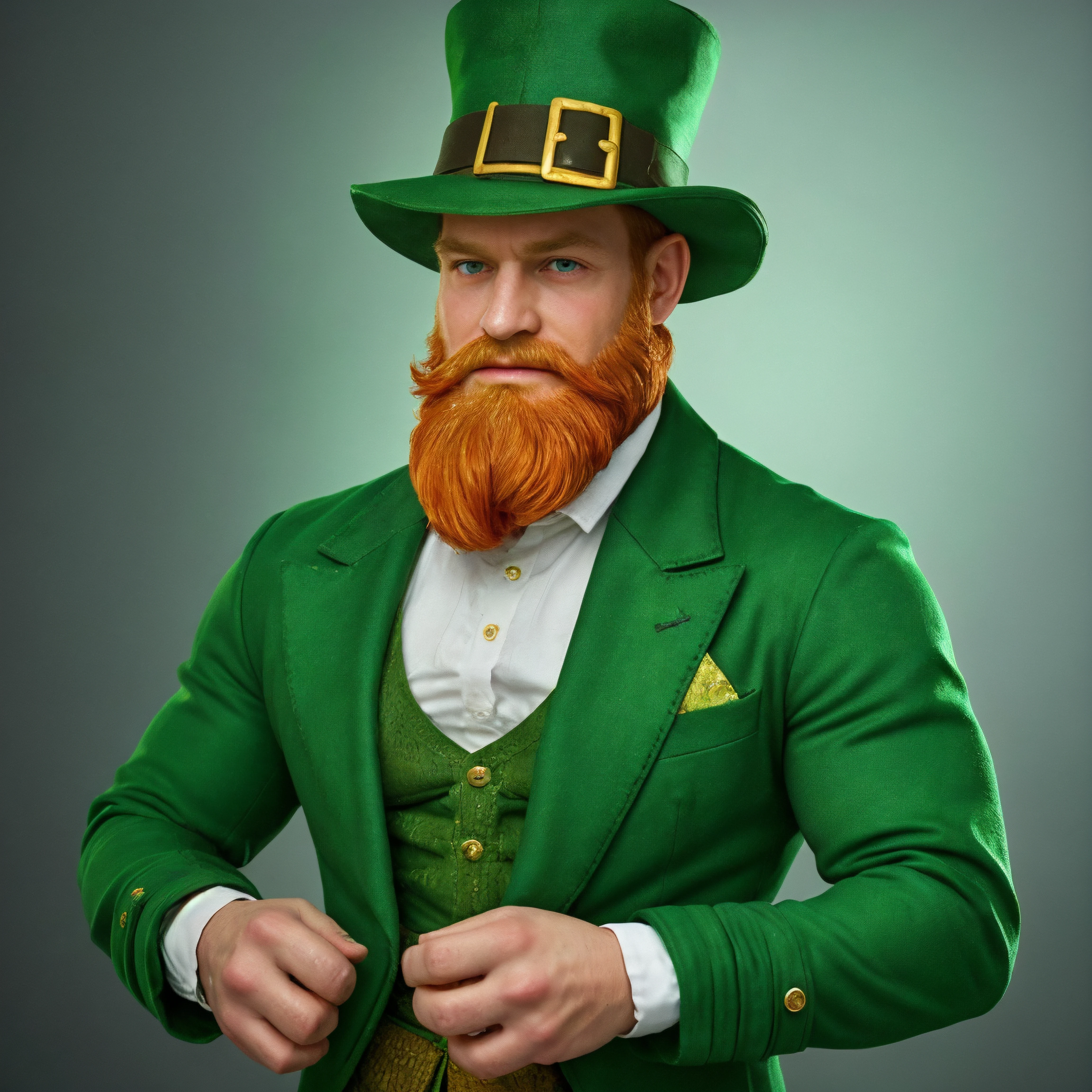 Leprechaun, green clothes, leprechau hat, beard, 1male, muscular, whole body,  (face:1), masterpiece, high details, high quality, best quality, highres <lora:LeprechaunMale:0.5>