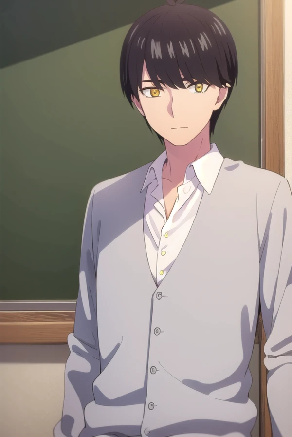 fuutarouuesugi, <lora:fuutarou uesugi s2-lora-nochekaiser:1>,
fuutarou uesugi, black hair, (yellow eyes:1.3), male focus,
BREAK shirt, white shirt, collared shirt, cardigan, pants,
BREAK indoors, classroom,
BREAK looking at viewer, dynamic pose, cowboy shot,
BREAK <lyco:GoodHands-beta2:1>, (masterpiece:1.2), best quality, high resolution, unity 8k wallpaper, (illustration:0.8), (beautiful detailed eyes:1.6), extremely detailed face, perfect lighting, extremely detailed CG, (perfect hands, perfect anatomy),