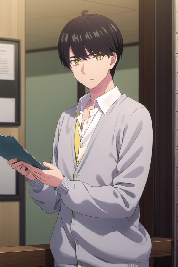 fuutarouuesugi, <lora:fuutarou uesugi s2-lora-nochekaiser:1>,
fuutarou uesugi, black hair, (yellow eyes:1.3), male focus,
BREAK shirt, white shirt, collared shirt, cardigan, pants,
BREAK indoors, classroom,
BREAK looking at viewer, dynamic pose, cowboy shot,
BREAK <lyco:GoodHands-beta2:1>, (masterpiece:1.2), best quality, high resolution, unity 8k wallpaper, (illustration:0.8), (beautiful detailed eyes:1.6), extremely detailed face, perfect lighting, extremely detailed CG, (perfect hands, perfect anatomy),