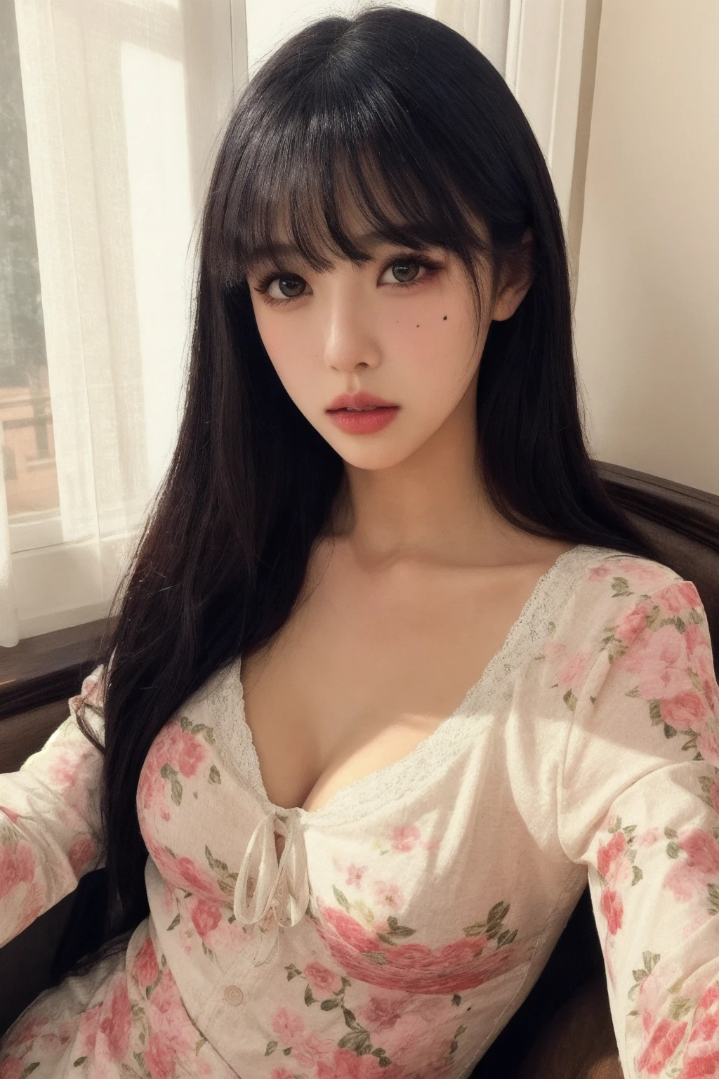 1girl, high quality, looking at viewer, lace trim, dress shirt, floral print, , upper body,parted lips, mole under eye, indoors,
<lora:yzdlw_v1-000006:0.68>